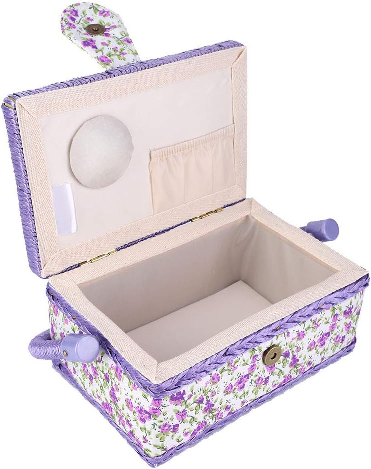 Beufee Sewing Basket, Vintage Sewing Tool Organizer Box Sewing Supplies Organizer for Storing Needles Thread, Sewing Basket with Handle & Removable Tray, Flower Pattern,Purple - Image 4